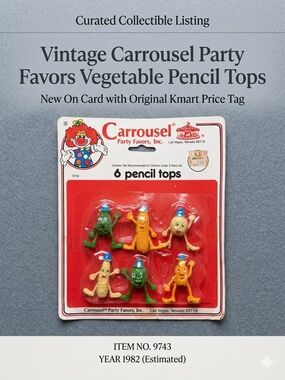 Vintage Carrousel Party Favors Vegetable Pencil Tops New On Card Kmart Price Tag